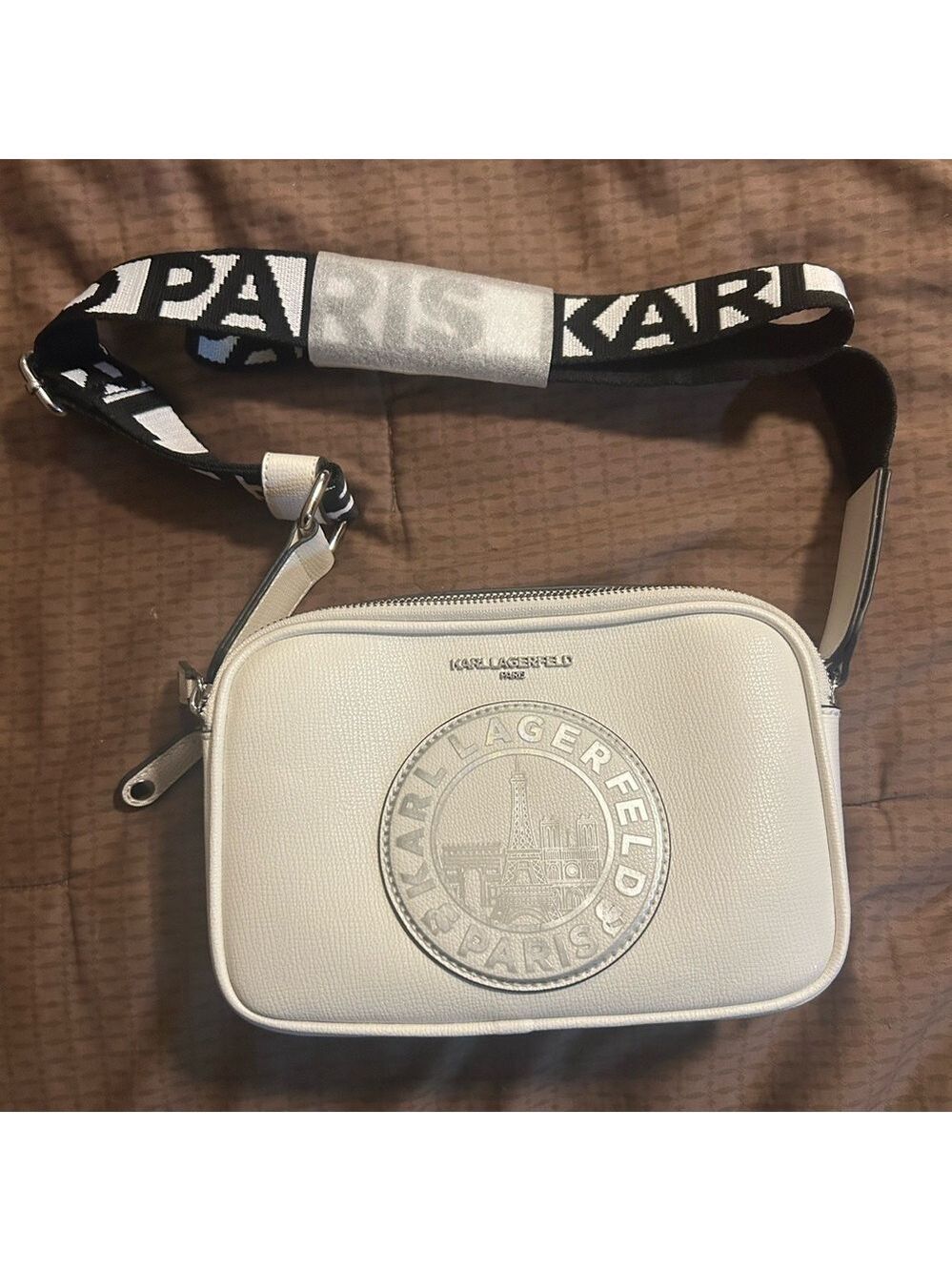 Karl Lagerfeld Paris Medallion Crossbody With Adjustable Strap White Bag